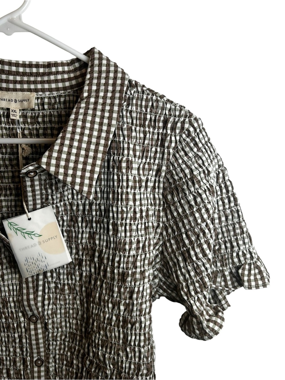 NWT Thread & Supply Top XXL Brown Olive Plaid Gingham Smocked Short Sleeve - Picture 4 of 7